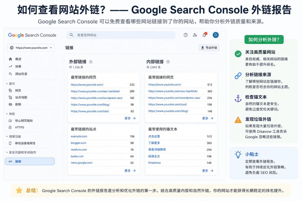 Google Search Console 外链分析教程：查看网站外链来源、热门链接页面及锚文本，优化网站 SEO