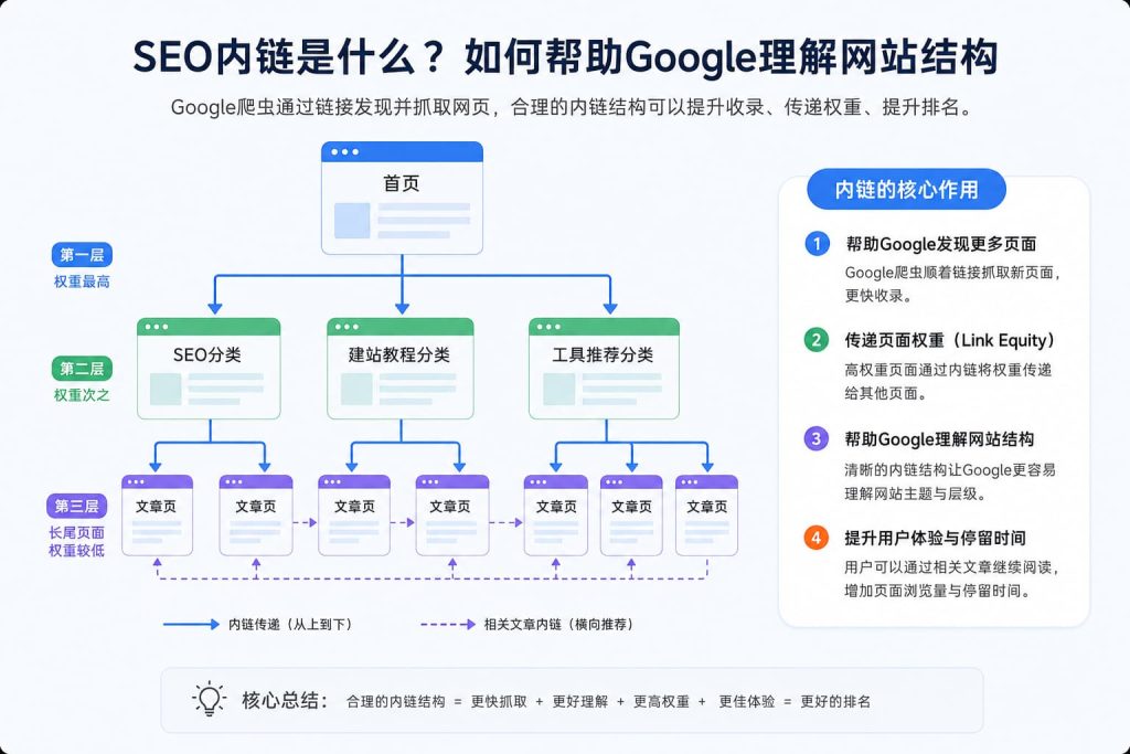 Google SEO内链优化结构示意图，展示首页、分类页和文章页之间的内部链接布局，以及Google如何通过内链抓取和理解网站结构。