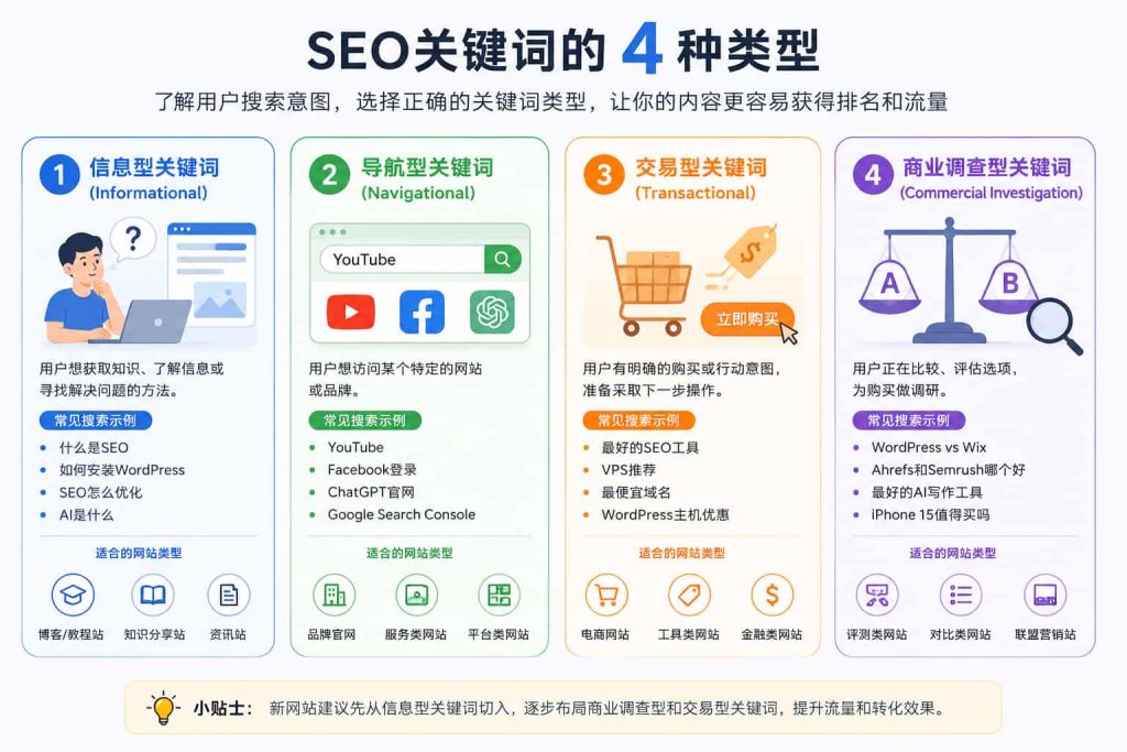 SEO关键词的4种类型:信息型、导航型、交易型和商业调查型