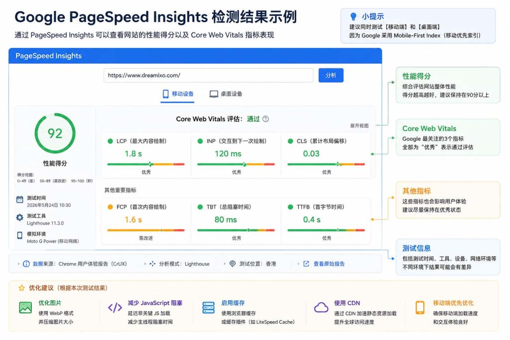 Google PageSpeed Insights 检测 Core Web Vitals 报告示例