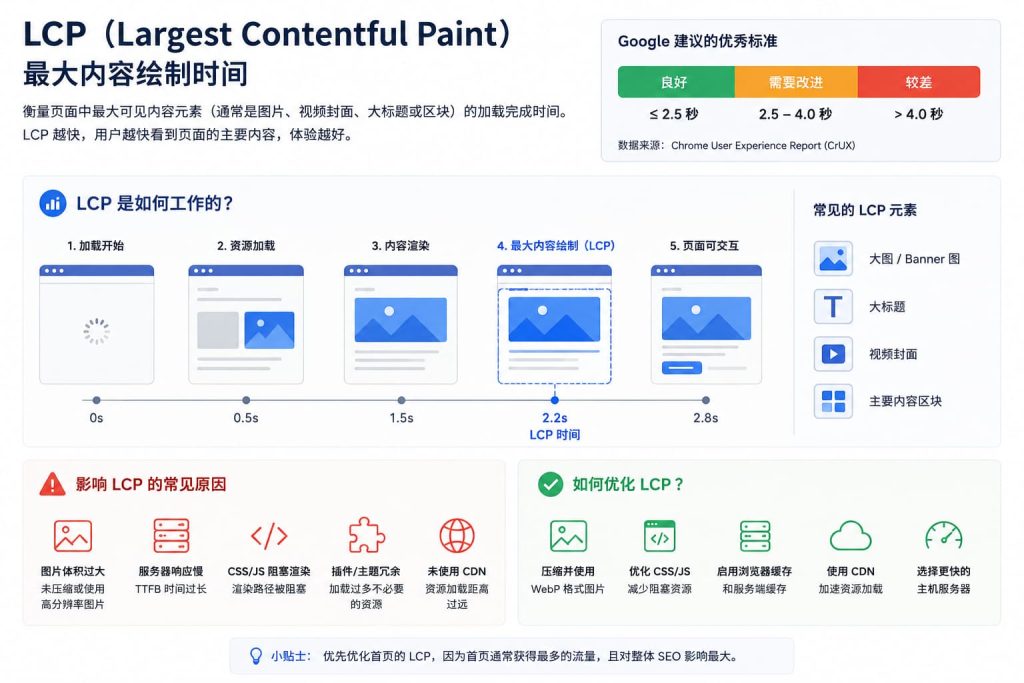 LCP 最大内容加载时间工作原理及优化示意图