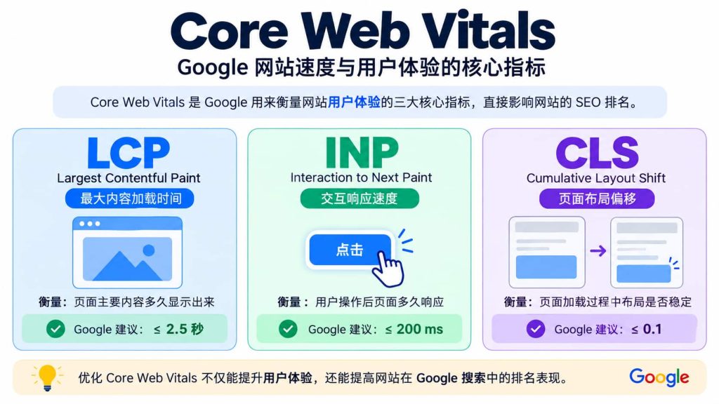 Core Web Vitals 三大核心指标 LCP INP CLS 示意图